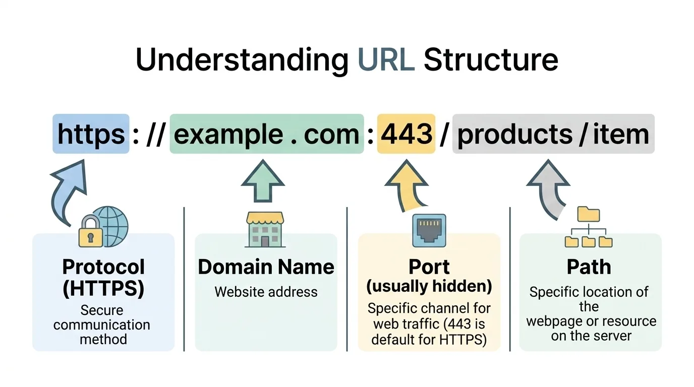 Diagram explaining URL structure including protocol, domain name, port, and path