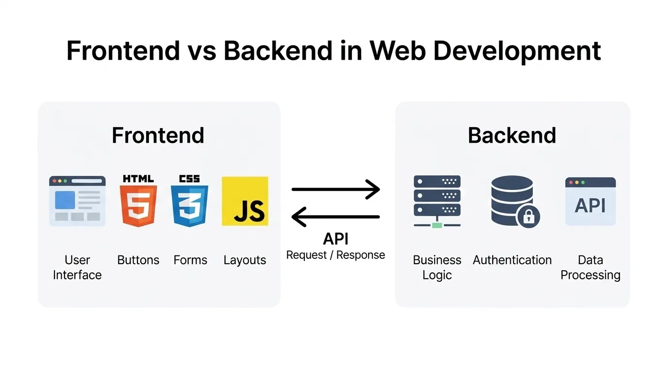 Frontend vs backend diagram showing user interface, server logic, and data flow between them