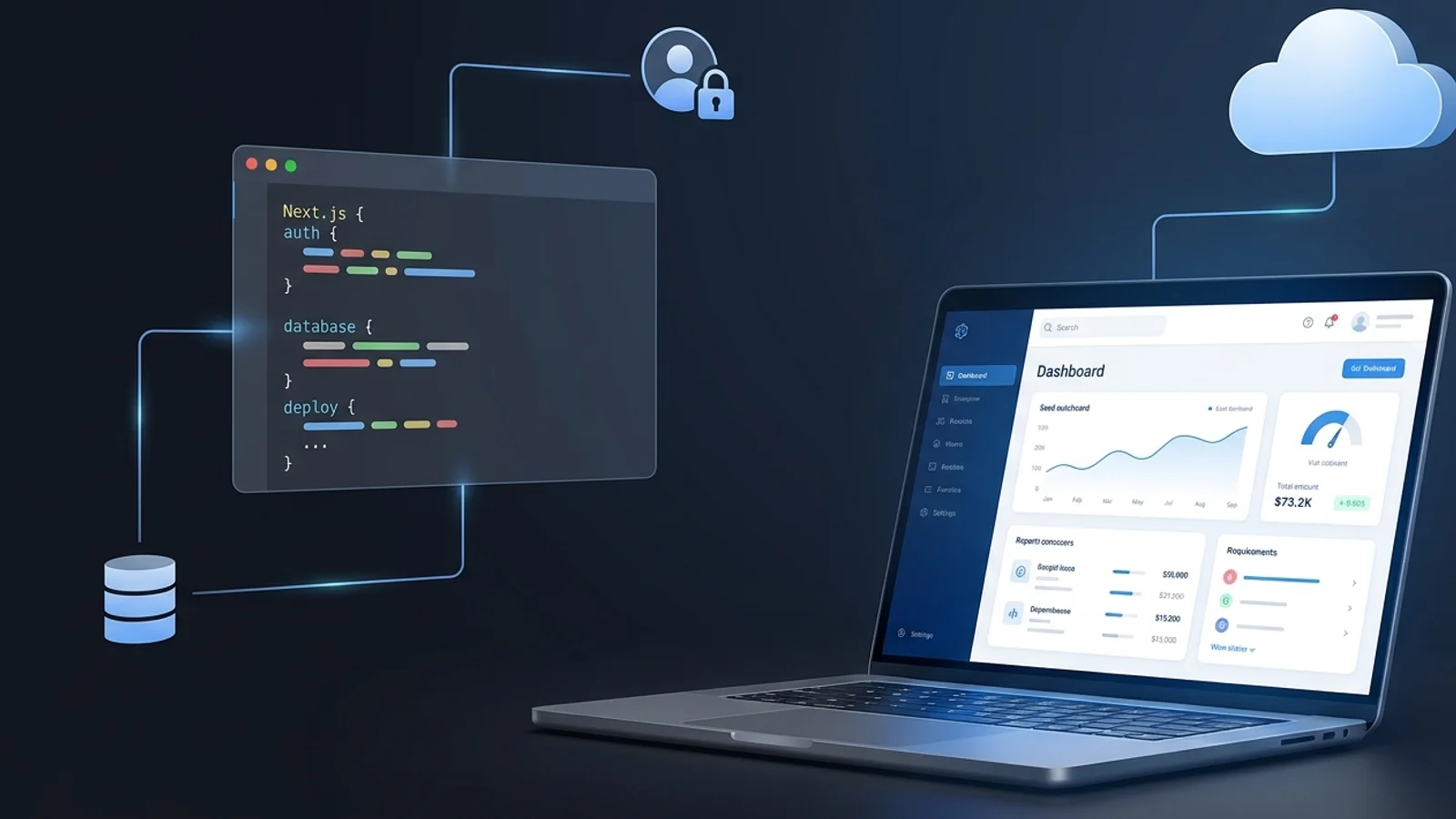 Illustration of a Next.js SaaS application dashboard with code panels, cloud deployment, and database elements